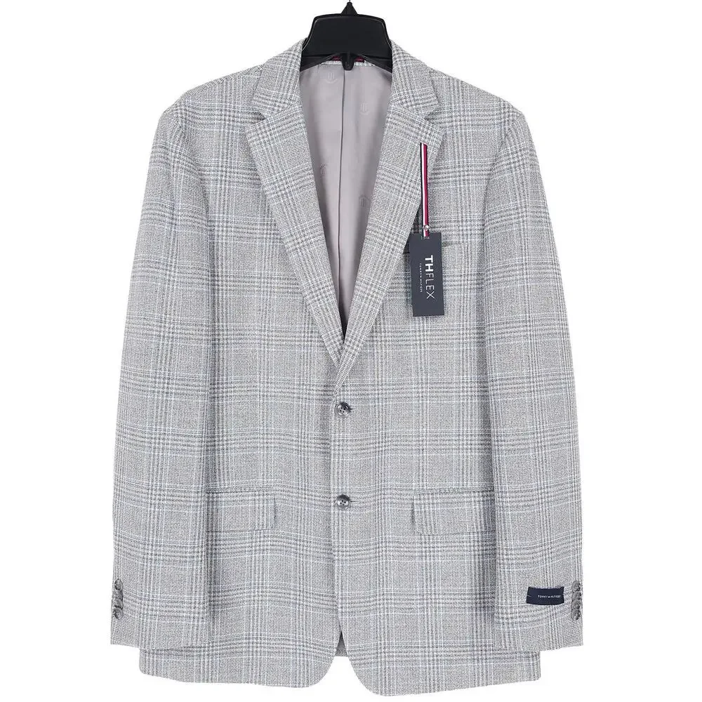 Tommy Hilfiger Mens Modern Fit Sport Coat 46L Light Grey Blue Plaid Stretch NWT